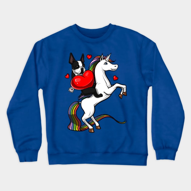 Boston Terrier Dog Riding Unicorn Crewneck Sweatshirt by underheaven